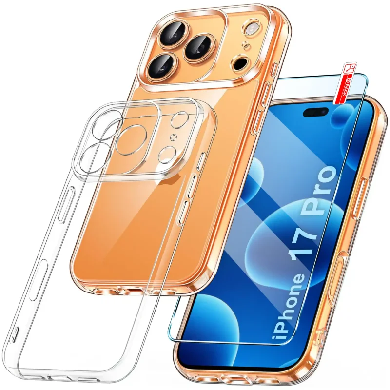 Bezbarwne wzmacniane etui do iPhone 17 Pro / 18 Pro ze szkłem hartowanym 9H i osłoną wyspy aparatów