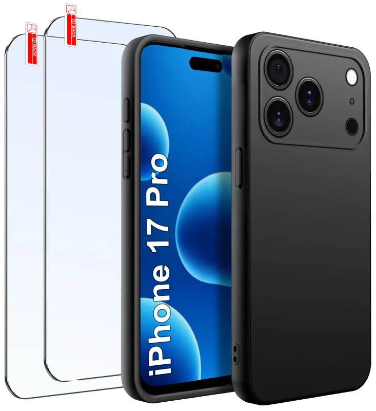 Czarne matowe etui do iPhone 17 Pro / 18 Pro z dwoma szkłami hartowanymi 9H i osłoną wyspy aparatów
