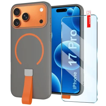 Etui do iPhone 17 Pro / 18 Pro szare z MagSafe z paskiem na palec ze szkłem