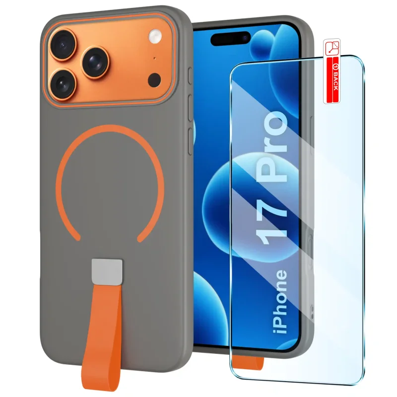 Szare etui z MagSafe do iPhone 17 Pro / 18 Pro z paskiem na palec i szkłem hartowanym 9H w zestawie
