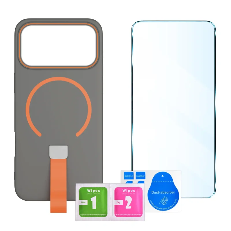 Zestaw szarego etui z MagSafe do iPhone 17 Pro / 18 Pro ze szkłem hartowanym 9H i akcesoriami montażowymi