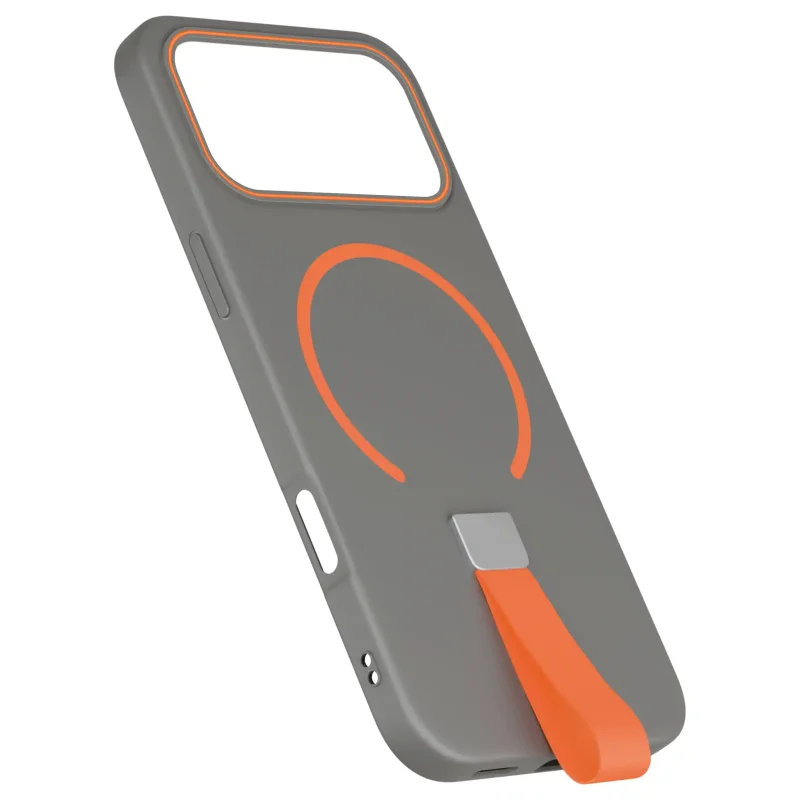 Szare etui z MagSafe do iPhone 17 Pro / 18 Pro z paskiem na palec pokazane od strony plecków