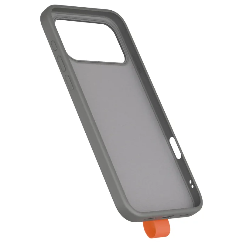 Wnętrze szarego etui z MagSafe do iPhone 17 Pro / 18 Pro z wycięciem na wyspę aparatów i paskiem na palec