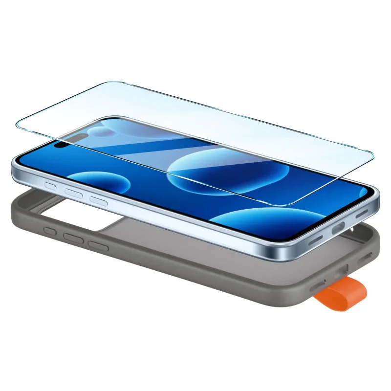 Szare etui do iPhone 17 Pro / 18 Pro ze szkłem hartowanym 9H pokazanym nad ekranem przed montażem