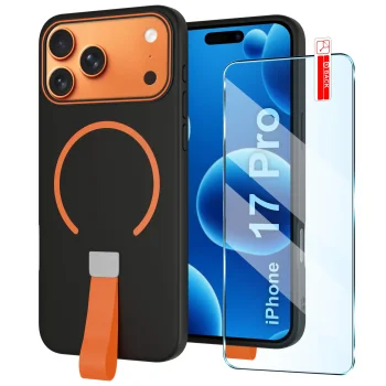 Etui do iPhone 17 Pro / 18 Pro czarne z MagSafe z paskiem na palec ze szkłem