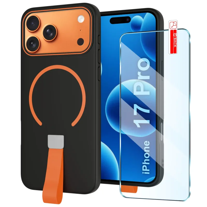 Czarne etui z MagSafe do iPhone 17 Pro / 18 Pro z pomarańczowym paskiem na palec i szkłem hartowanym 9H w zestawie