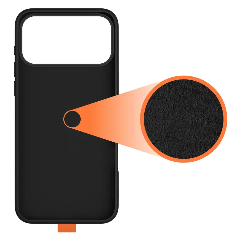 Czarne etui z MagSafe do iPhone 17 Pro / 18 Pro z matową powierzchnią i pomarańczowym paskiem na palec