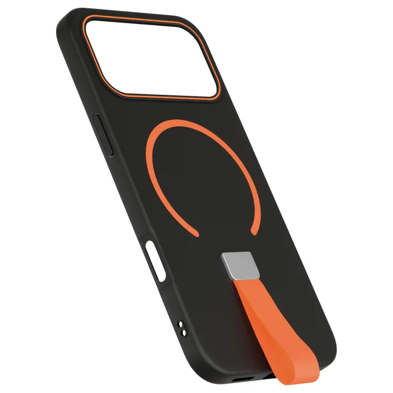 Czarne etui z MagSafe do iPhone 17 Pro / 18 Pro z pomarańczowym paskiem na palec pokazane od strony plecków