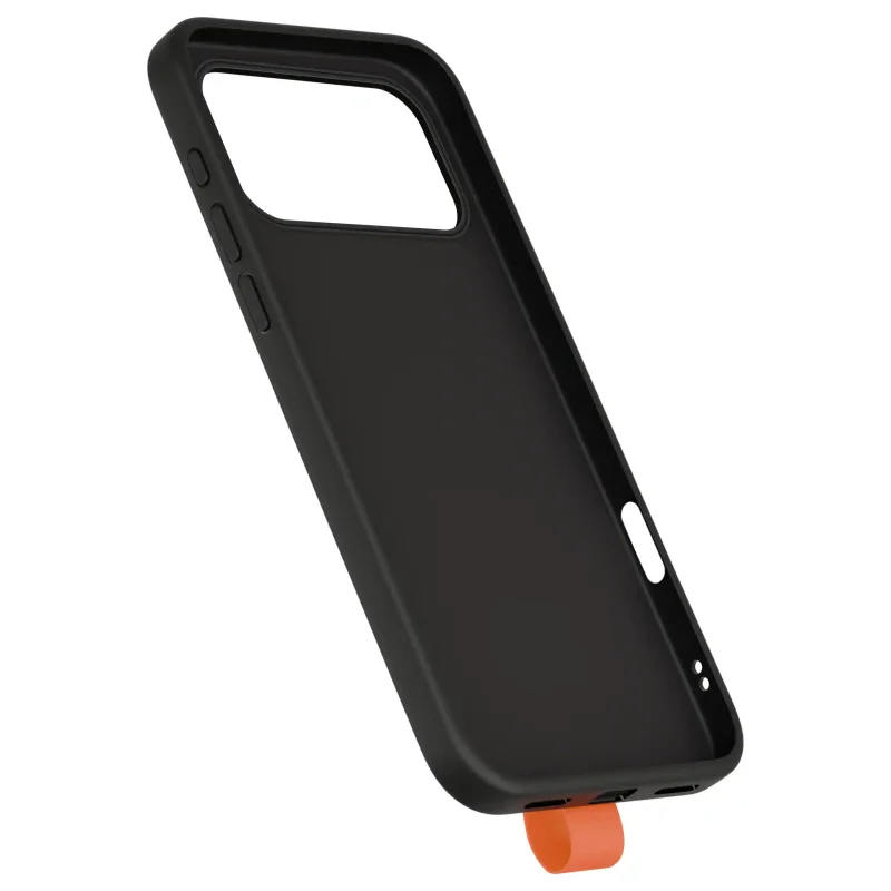 Wnętrze czarnego etui z MagSafe do iPhone 17 Pro / 18 Pro z wycięciem na wyspę aparatów i pomarańczowym paskiem