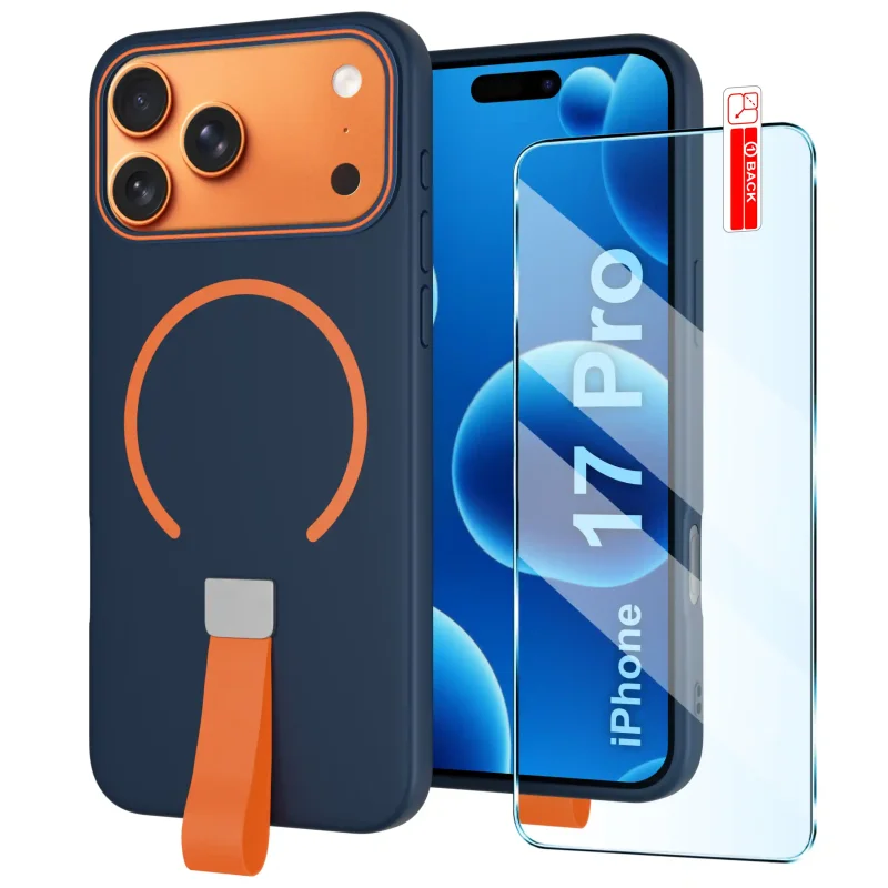Granatowe etui z MagSafe do iPhone 17 Pro / 18 Pro z paskiem na palec i szkłem hartowanym 9H w zestawie