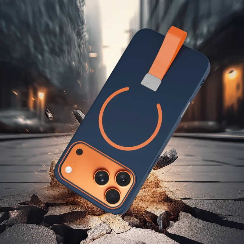 Granatowe etui do iPhone 17 Pro / 18 Pro z MagSafe, paskiem na palec i osłoną wyspy aparatów