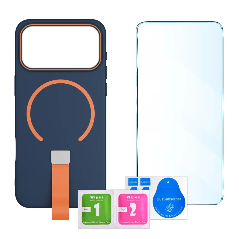 Zestaw granatowego etui z MagSafe do iPhone 17 Pro / 18 Pro ze szkłem hartowanym 9H i akcesoriami montażowymi