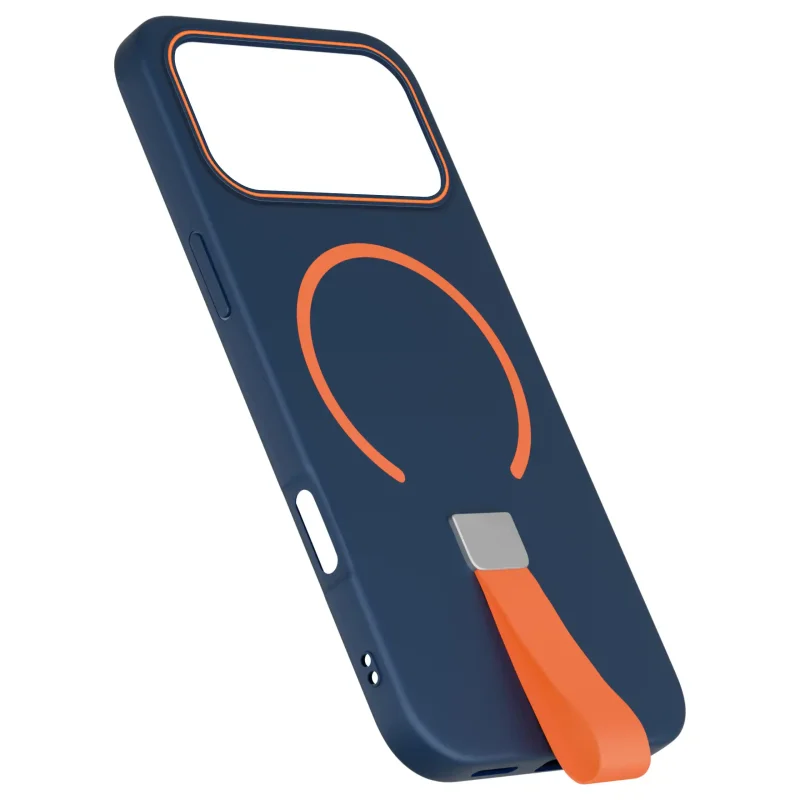 Granatowe etui z MagSafe do iPhone 17 Pro / 18 Pro z paskiem na palec pokazane od strony plecków