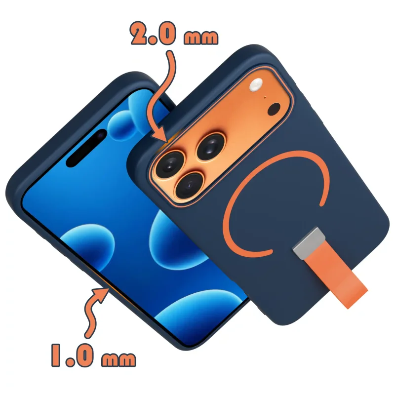 Granatowe etui do iPhone 17 Pro / 18 Pro z rantem 2 mm przy aparatach i rantem 1 mm przy ekranie