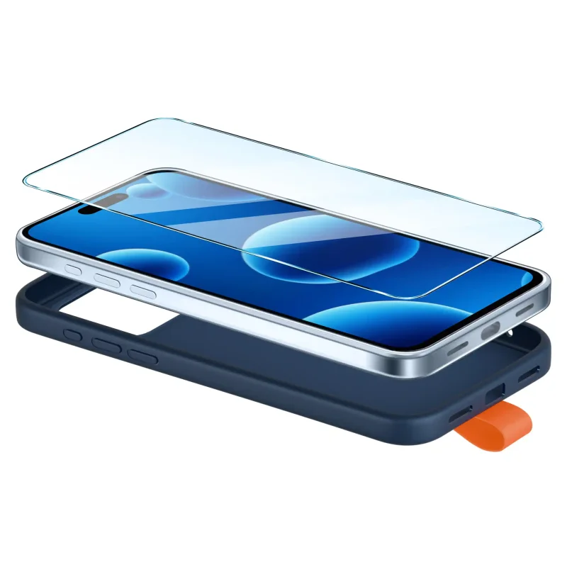 Granatowe etui do iPhone 17 Pro / 18 Pro ze szkłem hartowanym 9H pokazanym nad ekranem przed montażem