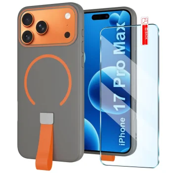 Etui do iPhone 17 Pro Max / 18 Pro Max szare z MagSafe z paskiem na palec ze szkłem