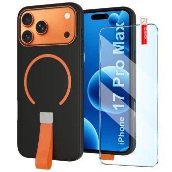 Etui do iPhone 17 Pro Max / 18 Pro Max czarne MagSafe z paskiem na palec ze szkłem