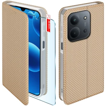 Etui do Xiaomi Redmi 15C 5G złote zamykane ze szkłem