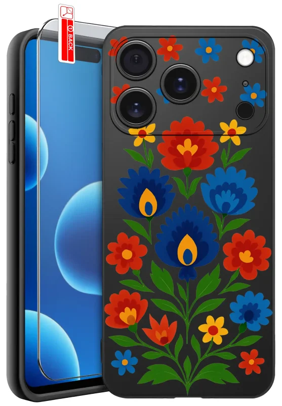 Etui z motywem ludowym do iPhone 17 Pro / 18 Pro z kolorowym kwiatowym wzorem oraz szkłem hartowanym 9H w zestawie