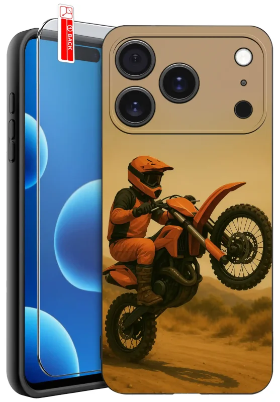 Etui motoryzacyjne do iPhone 17 Pro / 18 Pro z motocyklistą na motorze terenowym i szkłem hartowanym 9H w zestawie