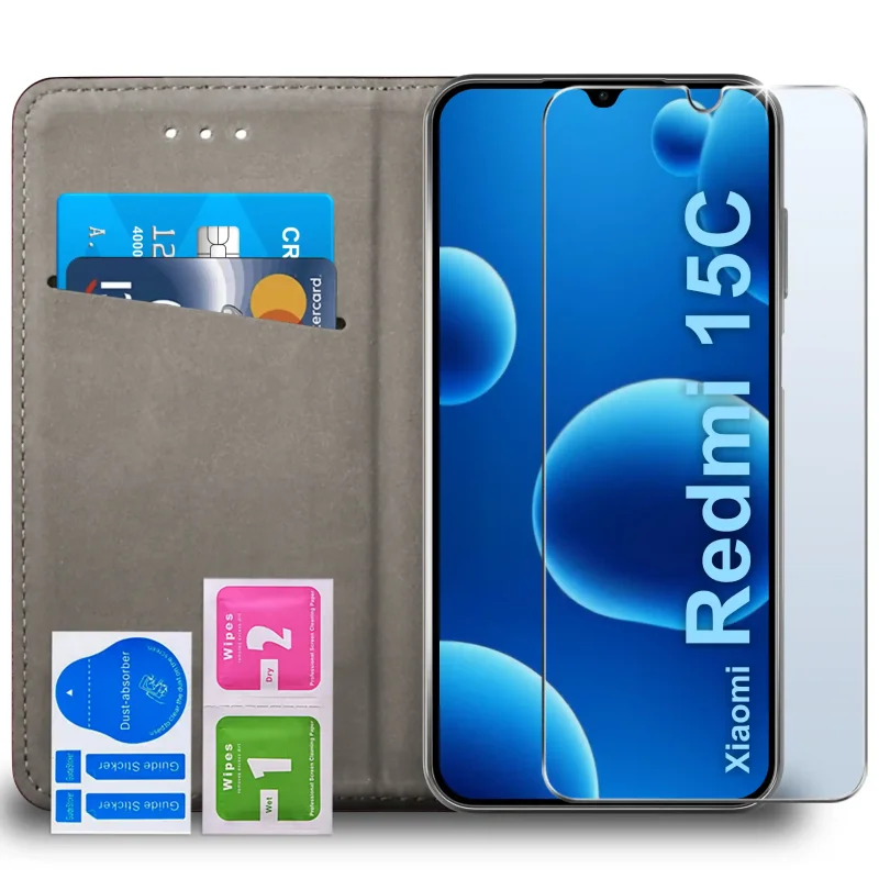 etui-do-xiaomi-redmi-15c-5g-burgundowe-magnetyczne-zamykane-ze-szklem