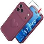 Etui do iPhone 17 Pro silikonowe serce burgundowe ze szkłem