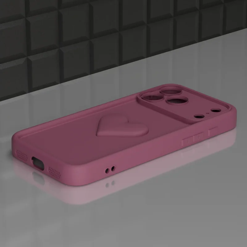 Burgundowe etui do iPhone 17 Pro / 18 Pro z wypukłym sercem, podwyższonym rantem i wycięciami na porty