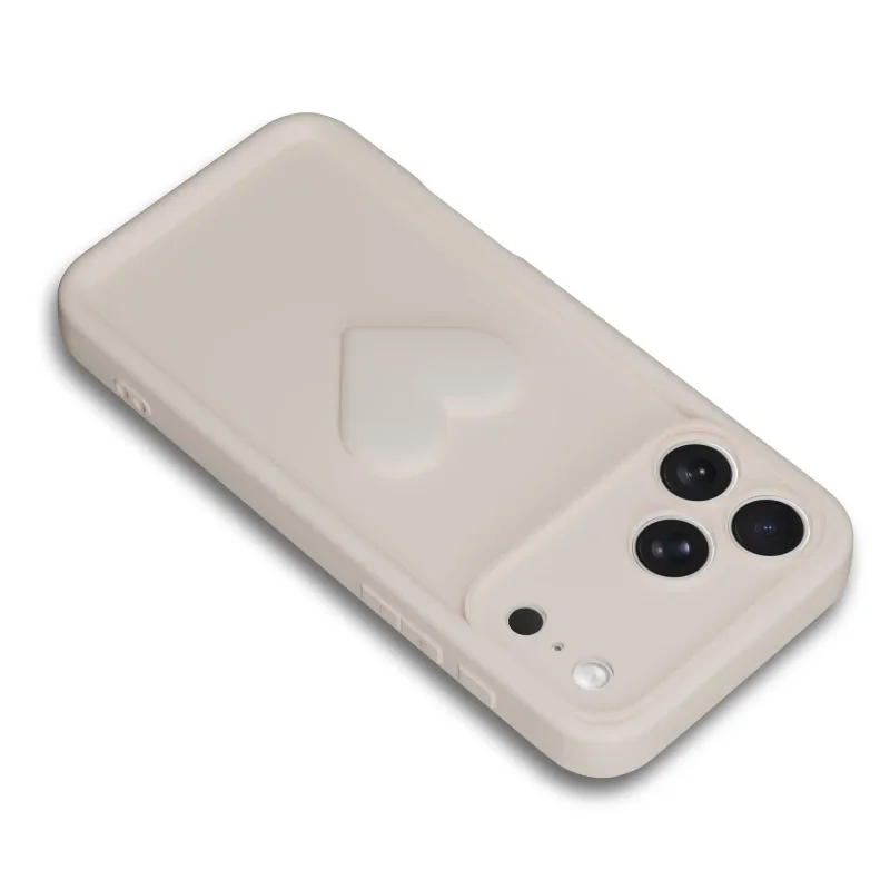 Białe etui silikonowe do iPhone 17 Pro / 18 Pro z wypukłym sercem i osłoną wyspy aparatów