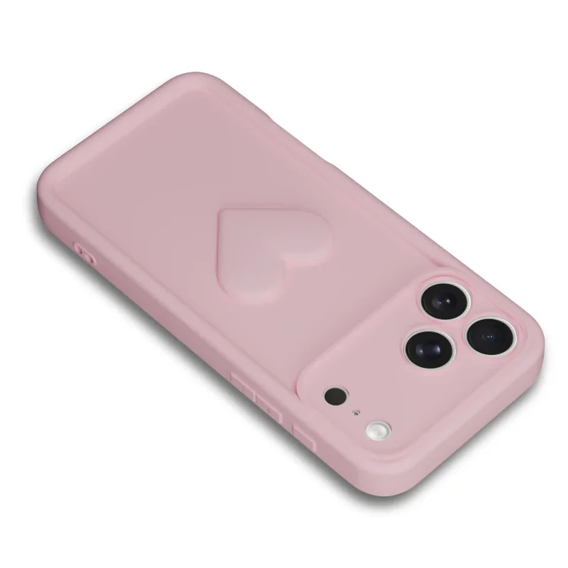 Jasnoróżowe etui silikonowe do iPhone 17 Pro / 18 Pro z wypukłym sercem i osłoną wyspy aparatów