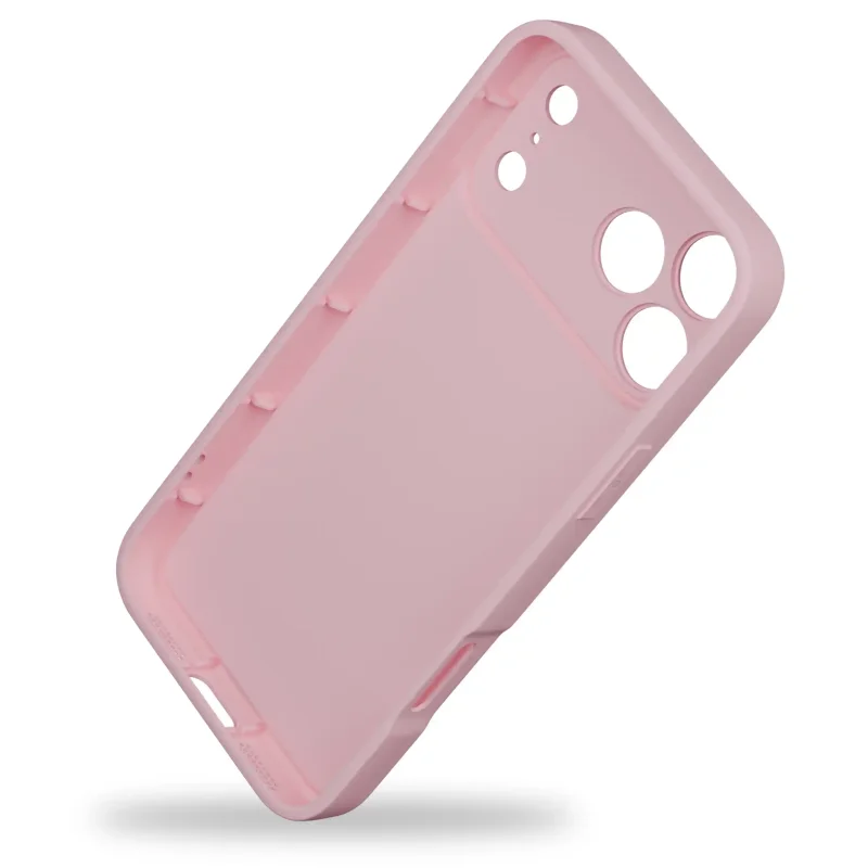 Wnętrze jasnoróżowego etui silikonowego z sercem do iPhone 17 Pro / 18 Pro z wycięciami na aparaty i porty