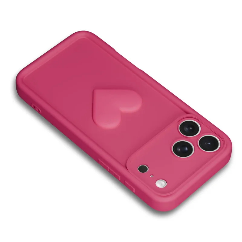 Różowe etui silikonowe do iPhone 17 Pro / 18 Pro z wypukłym sercem i osłoną wyspy aparatów