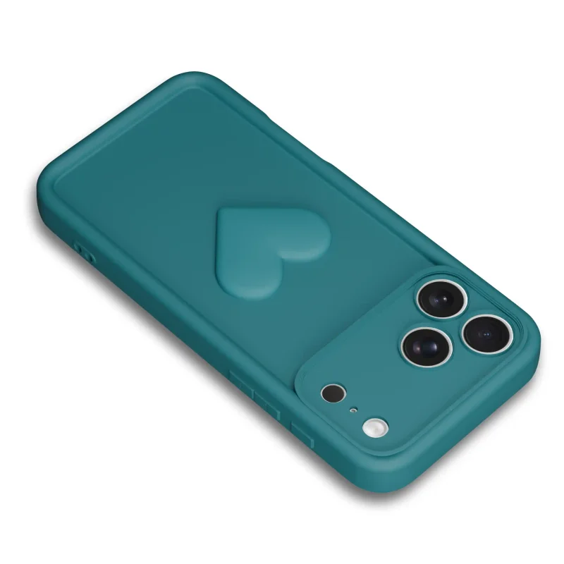 Zielone etui silikonowe do iPhone 17 Pro / 18 Pro z wypukłym sercem i osłoną wyspy aparatów