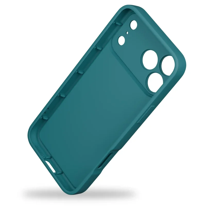 Wnętrze zielonego etui silikonowego z sercem do iPhone 17 Pro / 18 Pro z wycięciami na aparaty i porty