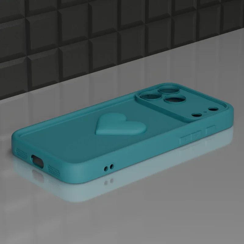 Zielone etui do iPhone 17 Pro / 18 Pro z wypukłym sercem, podwyższonym rantem i wycięciami na porty