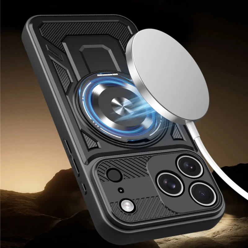 Czarne pancerne etui do iPhone 17 Pro / 18 Pro kompatybilne z MagSafe pokazane z ładowarką magnetyczną