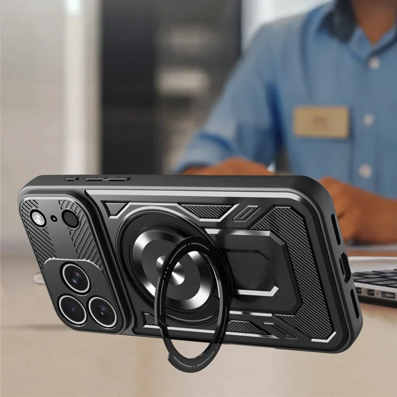 Czarne etui pancerne do iPhone 17 Pro / 18 Pro z ringiem ustawionym jako podstawka do oglądania w poziomie