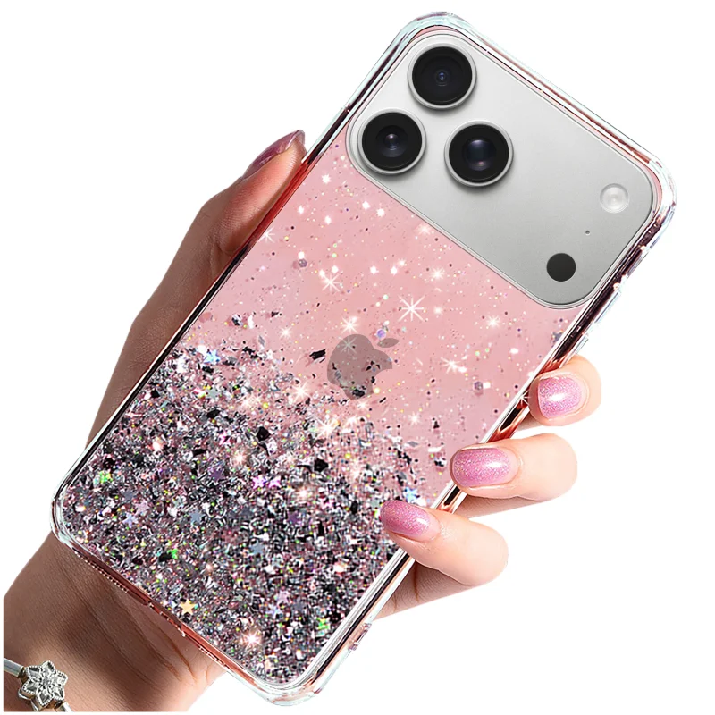 Różowe etui brokatowe do iPhone 17 Pro / 18 Pro z połyskującymi drobinkami i osłoną wokół wyspy aparatów