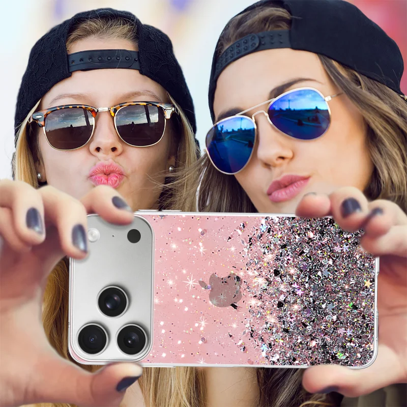 Brokatowe etui do iPhone 17 Pro / 18 Pro w różowym kolorze pokazane podczas wykonywania zdjęcia telefonem