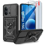 Etui do Xiaomi Redmi 15C 5G pancerne ring z osłoną na aparat czarne z zestawem 2 szkieł
