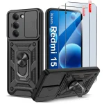 Etui do Xiaomi Redmi 15 4G / 5G pancerne ring z osłoną na aparat czarne z zestawem 2 szkieł