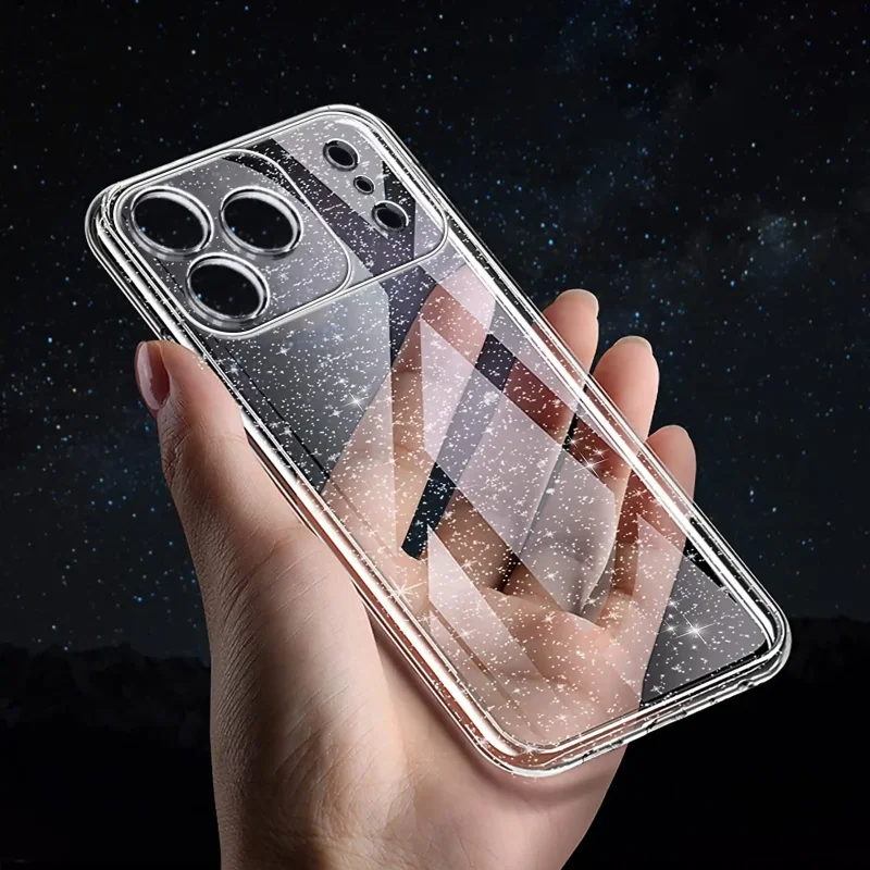 Bezbarwne brokatowe etui do iPhone 17 Pro / 18 Pro z osłoną wyspy aparatów pokazane w dłoni
