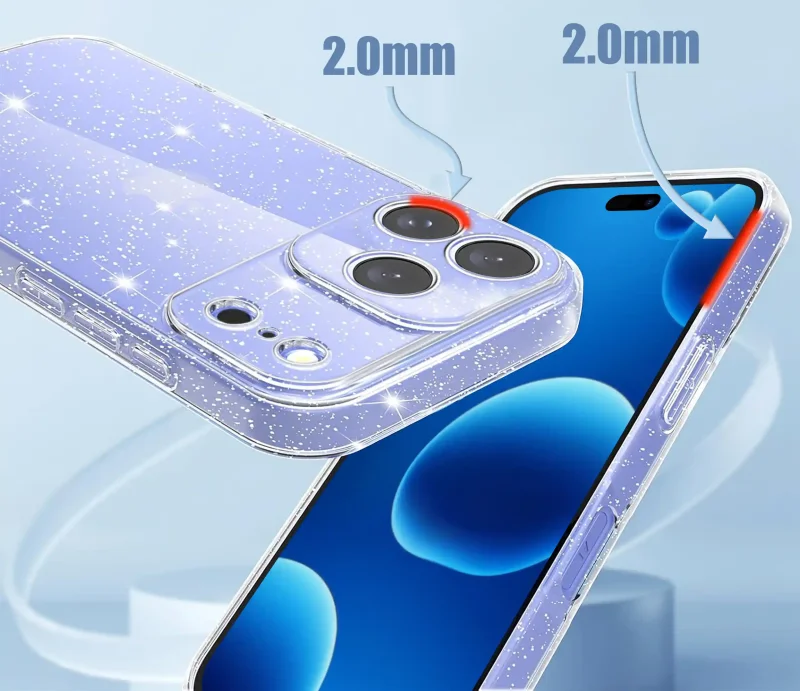 Przezroczyste etui z brokatem do iPhone 17 Pro / 18 Pro z podwyższonym rantem 2 mm przy ekranie i aparatach