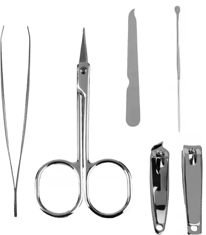 Narzędzia zestawu manicure i pedicure 6w1 – łyżeczka do manicure, pilnik, obcinacz prosty, obcinacz skośny, nożyczki, ukośna pęseta