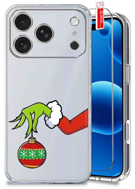 Przezroczyste etui świąteczne do iPhone 17 Pro / 18 Pro z motywem zielonej dłoni trzymającej bombkę oraz szkłem hartowanym 9H w zestawie