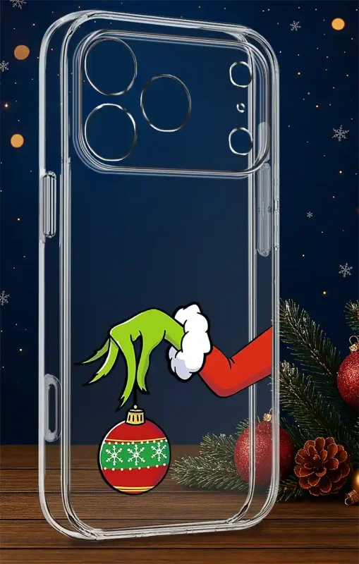 Przezroczyste etui świąteczne do iPhone 17 Pro / 18 Pro z motywem zielonej dłoni i czerwonej bombki