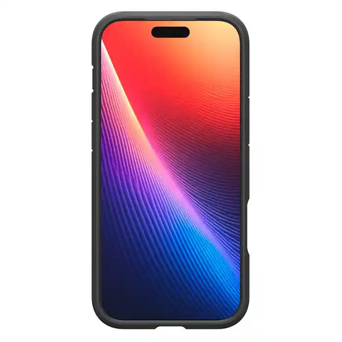 Czarne etui Spigen do iPhone 17 Pro / 18 Pro pokazane od strony ekranu z podwyższonymi krawędziami
