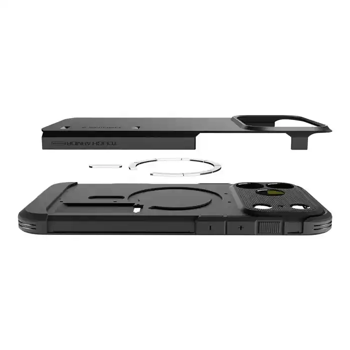 Konstrukcja czarnego etui Spigen z MagSafe do iPhone 17 Pro / 18 Pro z pierścieniem magnetycznym i wbudowaną podstawką