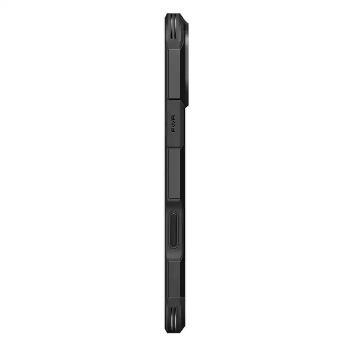 Czarne etui Spigen do iPhone 17 Pro / 18 Pro pokazane z boku z osłonami przycisków i wzmocnionymi narożnikami