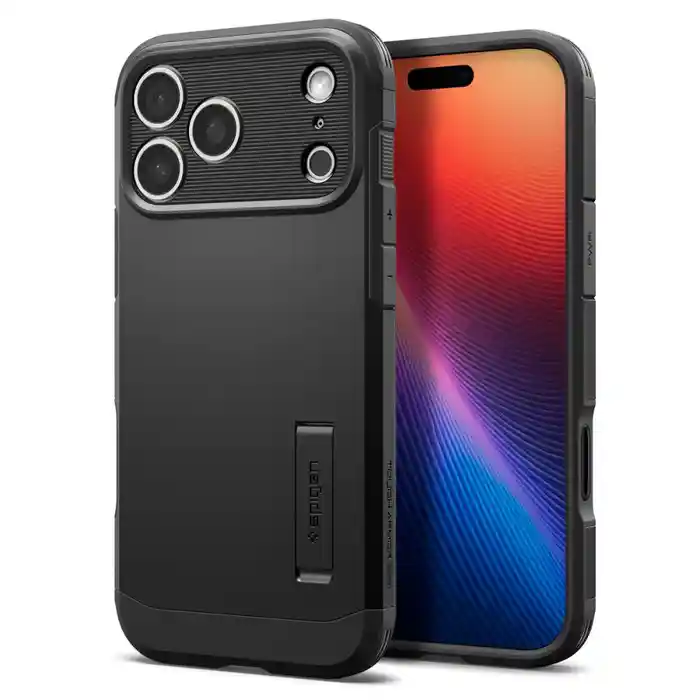 Czarne etui Spigen do iPhone 17 Pro / 18 Pro z MagSafe, osłoną wyspy aparatów i wbudowaną podstawką