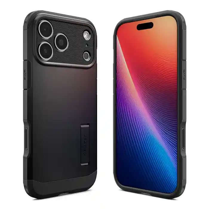 Czarne etui Spigen do iPhone 17 Pro / 18 Pro z MagSafe pokazane z przodu i od strony plecków
